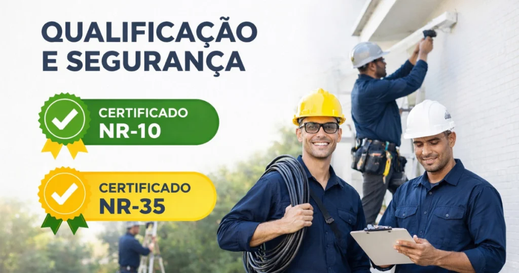 Técnicos de segurança eletrônica certificados com NR-10 e NR-35 para instalação de cercas elétricas em São Paulo.
