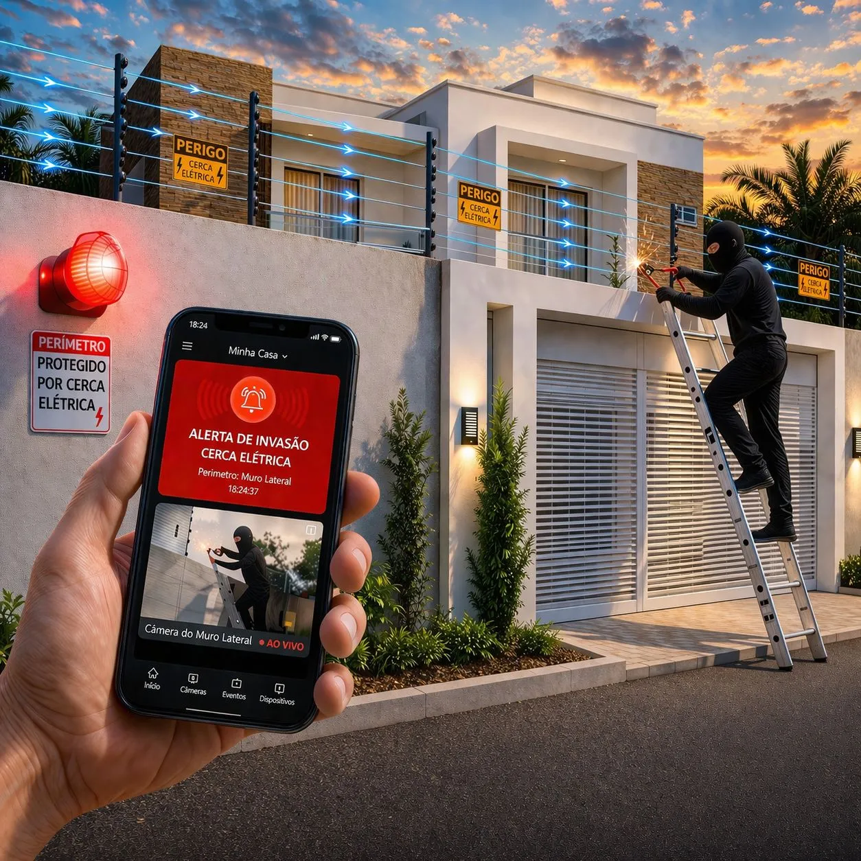 Demonstração de barreira eletrônica e cerca elétrica inteligente para residências em São Paulo.