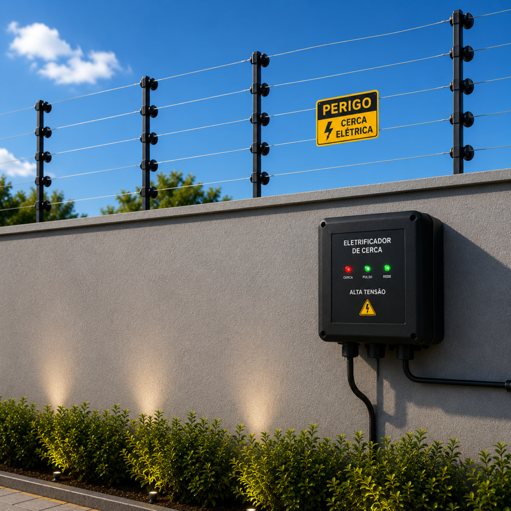 Eletrificador de cerca elétrica residencial de baixo consumo de energia instalado em muro em São Paulo - Rei da Cerca Elétrica.