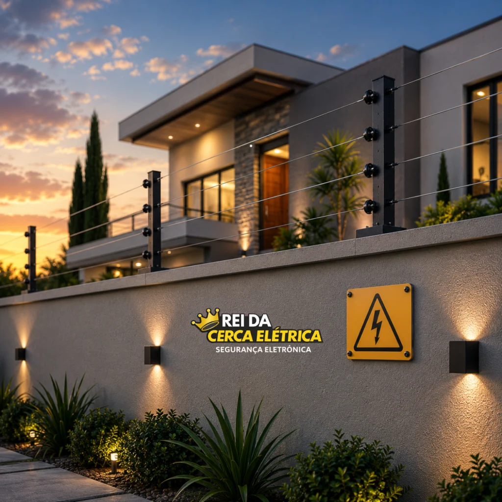 Sistema de cerca elétrica para muro residencial com isoladores reforçados e placa de advertência de alta tensão em São Paulo.