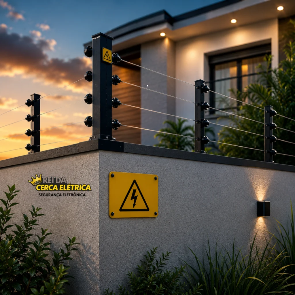 Geometria de segurança perimetral com espaçamento correto de fios e altura de cerca elétrica residencial em São Paulo.