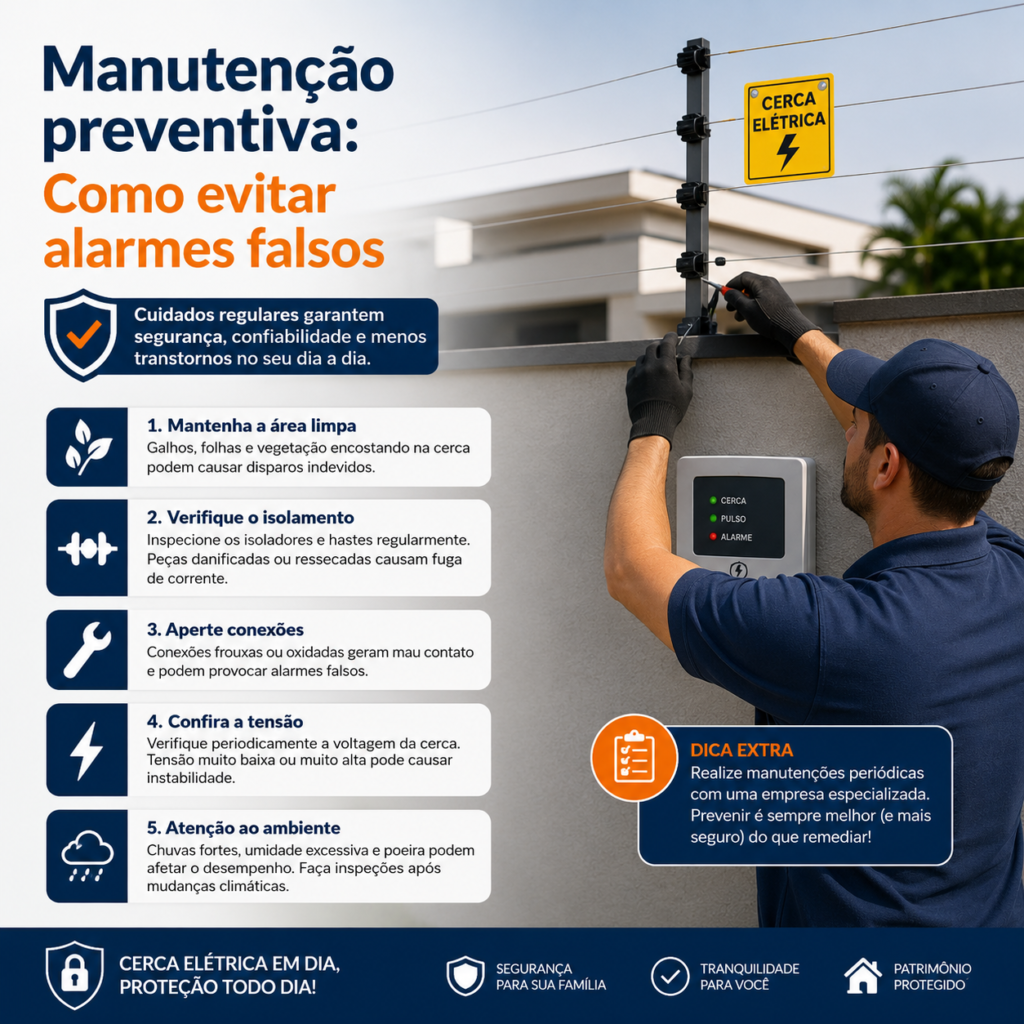 Infográfico de manutenção preventiva de cerca elétrica residencial para evitar disparos e alarmes falsos em São Paulo.