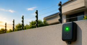 Cerca elétrica residencial instalada pelo Rei da Cerca Elétrica em São Paulo, mostrando caixa de controle com luz verde ativada sobre o muro.
