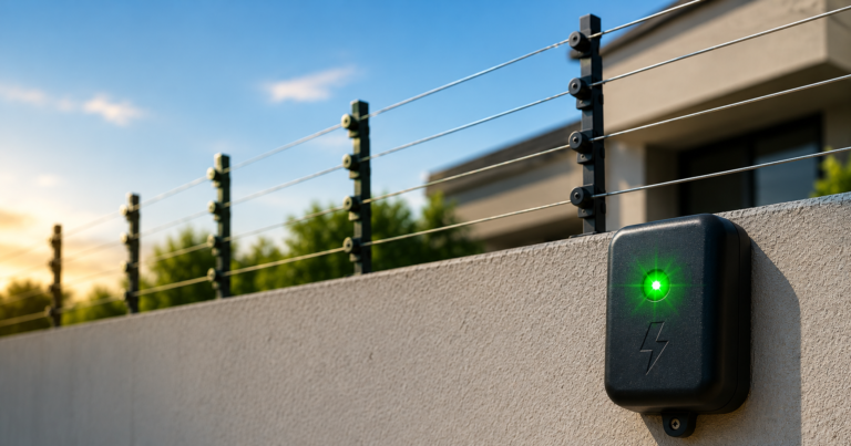 Cerca elétrica residencial instalada pelo Rei da Cerca Elétrica em São Paulo, mostrando caixa de controle com luz verde ativada sobre o muro.