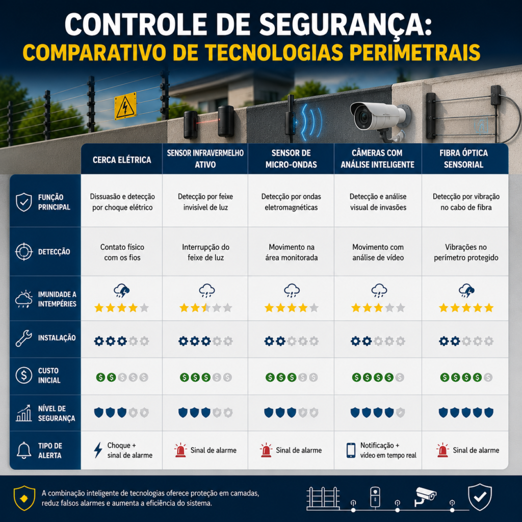 Infográfico e tabela comparativa do Rei da Cerca Elétrica em São Paulo sobre controle de segurança e tecnologias perimetrais, comparando cerca elétrica, sensor infravermelho, micro-ondas, câmeras inteligentes e fibra óptica.