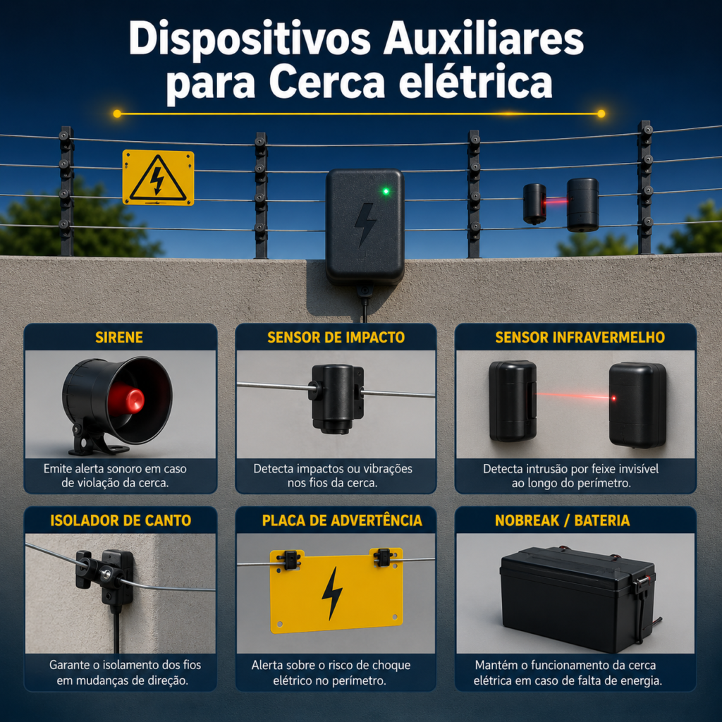 Infográfico do Rei da Cerca Elétrica em São Paulo mostrando dispositivos auxiliares para cerca elétrica, incluindo sirene, sensor de impacto, sensor infravermelho, isolador de canto, placa de advertência e nobreak ou bateria.
