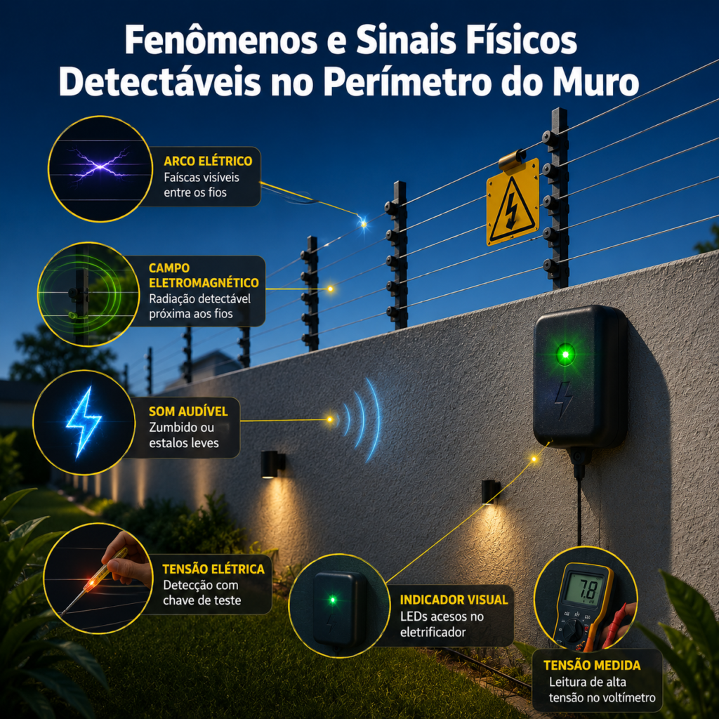 Infográfico do Rei da Cerca Elétrica em São Paulo detalhando fenômenos e sinais físicos detectáveis no perímetro do muro, como arco elétrico, campo eletromagnético e tensão medida.