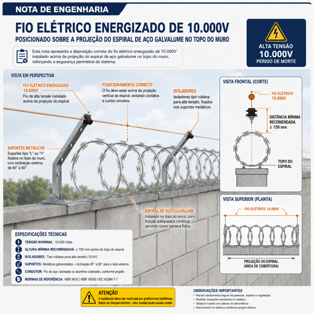 Sistema de segurança perimetral híbrido com cerca elétrica instalada sobre concertina espiral de aço em muro de São Paulo.